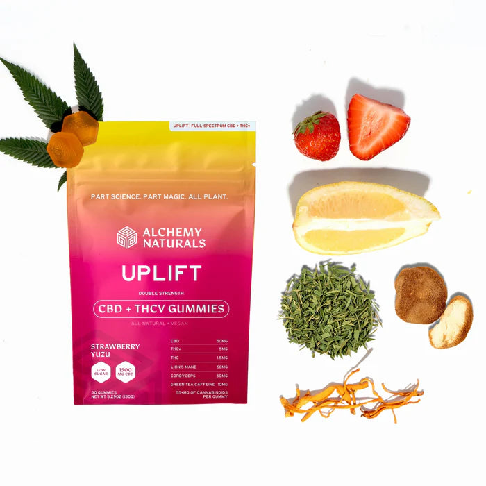 Alchemy Naturals Gummies | Uplift Energy- Strawberry Yuzu- 50mg CBD:5mg THCV- 2ct- Full Spectrum